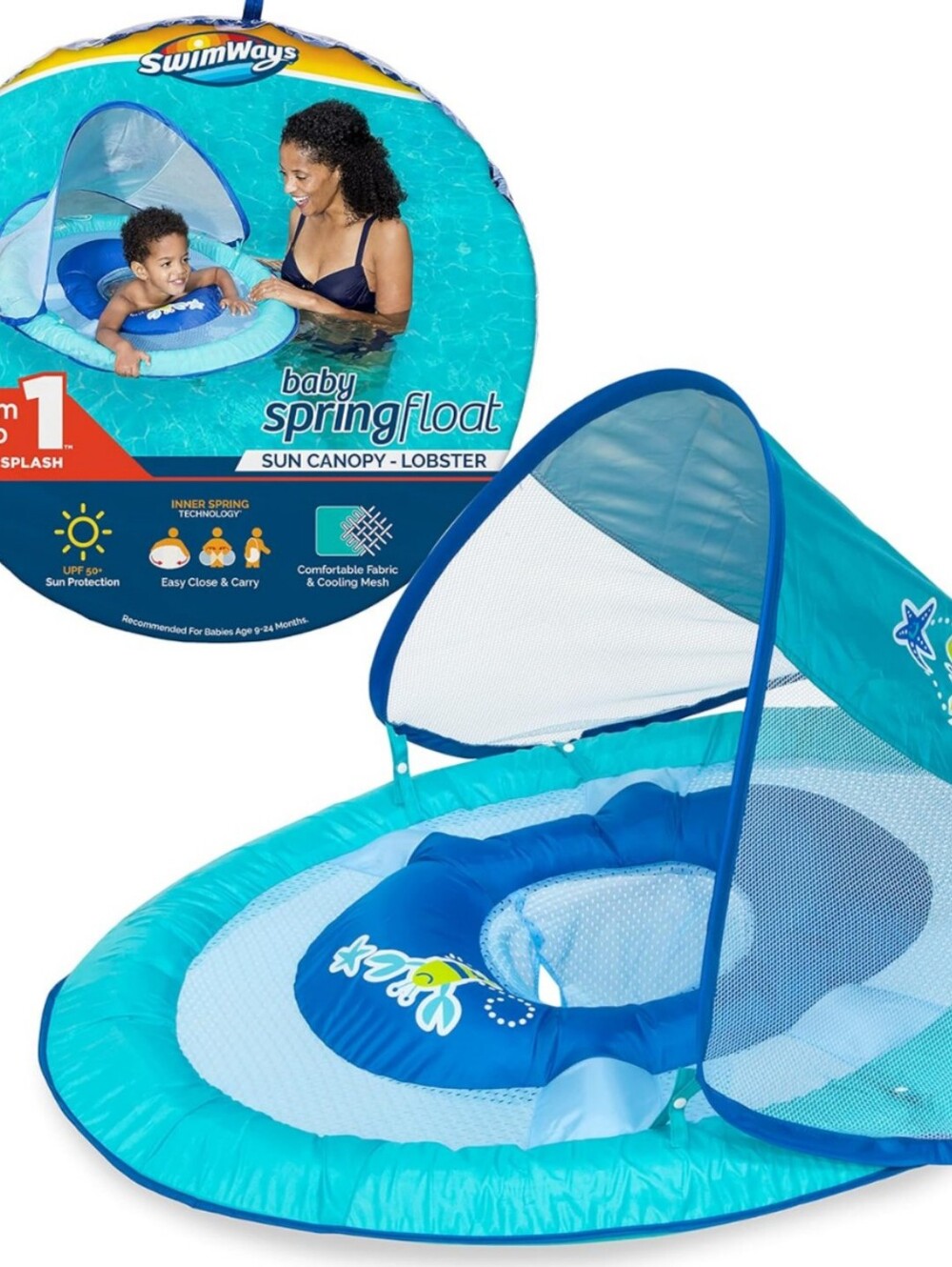 SwimWays Baby Spring Float Sun Canopy BLUE Swim Step 1 for 9-24 Months New
